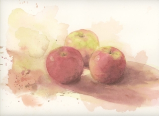 Still life apples, three apples, apple watercolor painting, loose watercolor fruit